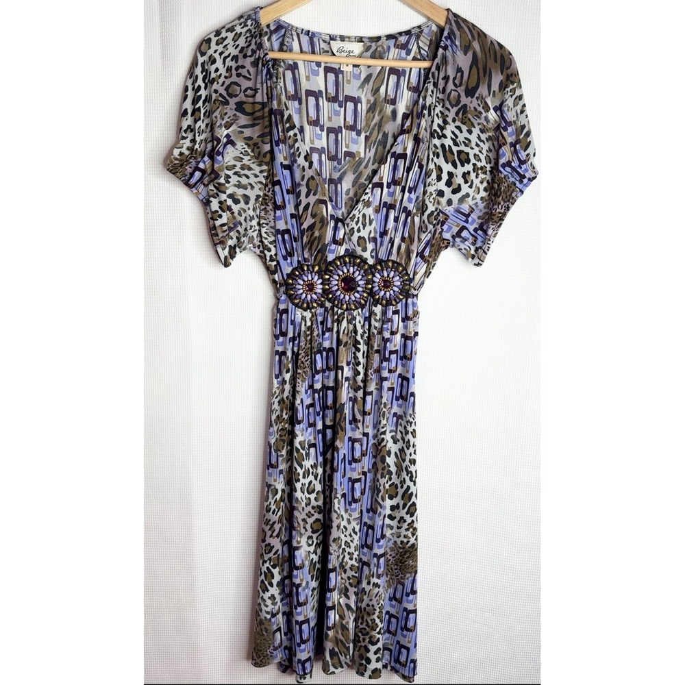 Y2K Purple Leopard Geometric Beaded Empire Waist Dress Earthy Bohemian Size 18XL